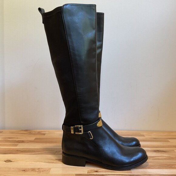 Michael Kors Black Leather Knee-High Riding Boots gold hardware Womens Size 5.5 - Picture 3 of 16